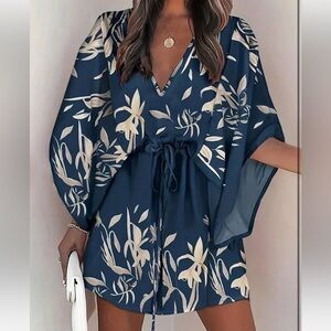 Batwing Flowy Dress with Drawstring Tie Sz S